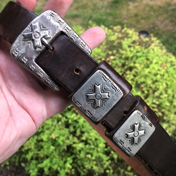 Vintage Italian Leather Belt Size Medium Brown Silver Hardware Southwest Design - Picture 14 of 16